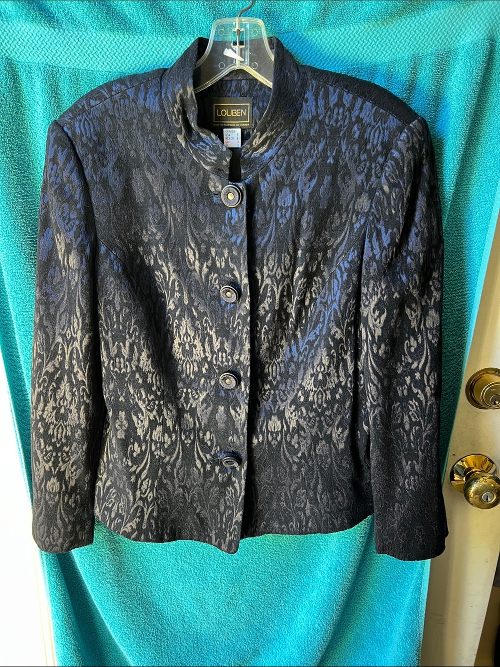 Louben Black and Blue Jacquard Stand-Collar Jacket